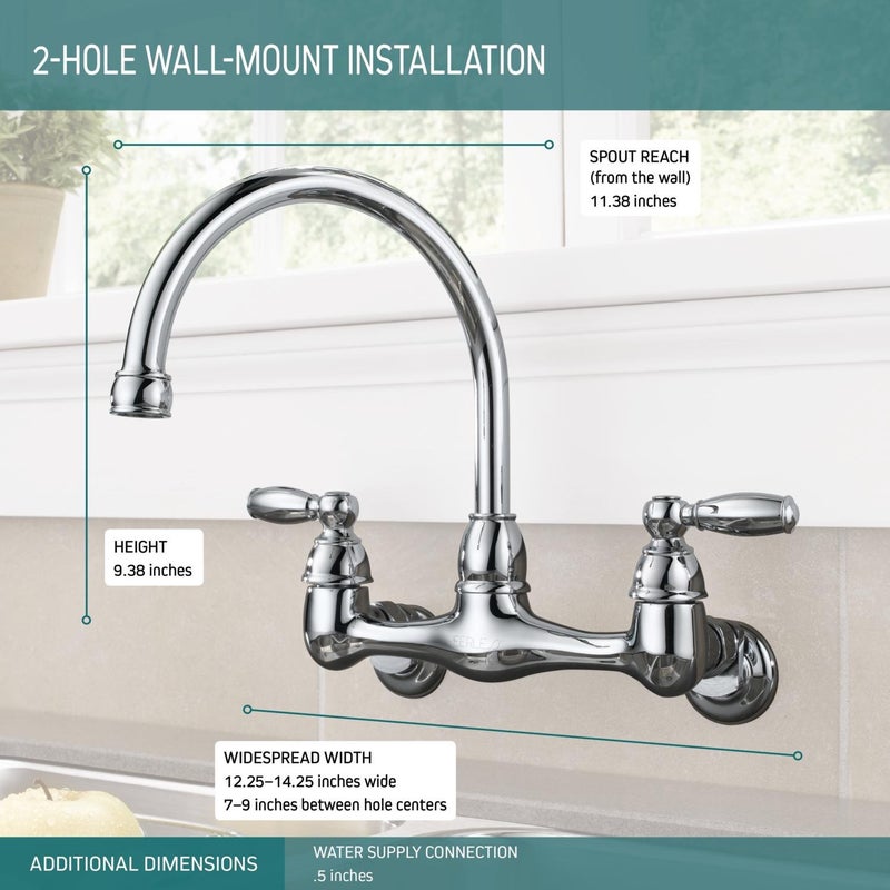 Peerless 2-Handle Wall Mount Kitchen Sink Faucet, Chrome P299305LF - Image 3